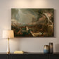 Canvas art print detailing an expressive composition showing downfall of civilization, mounted in a softly lit interior space