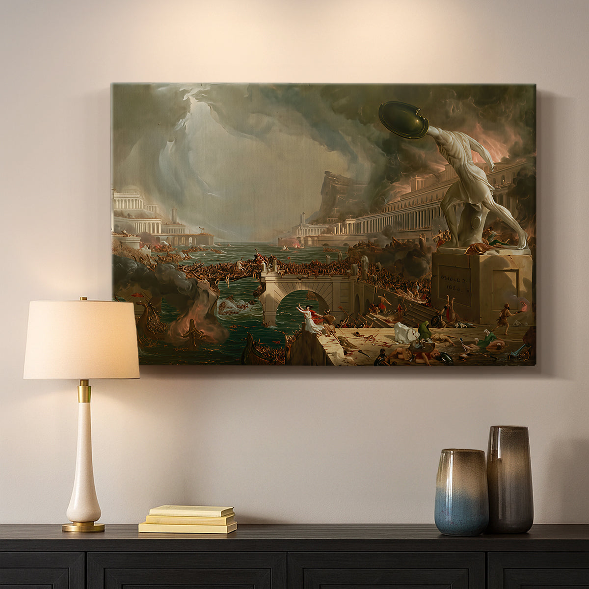 Canvas art print detailing an expressive composition showing downfall of civilization, mounted in a softly lit interior space
