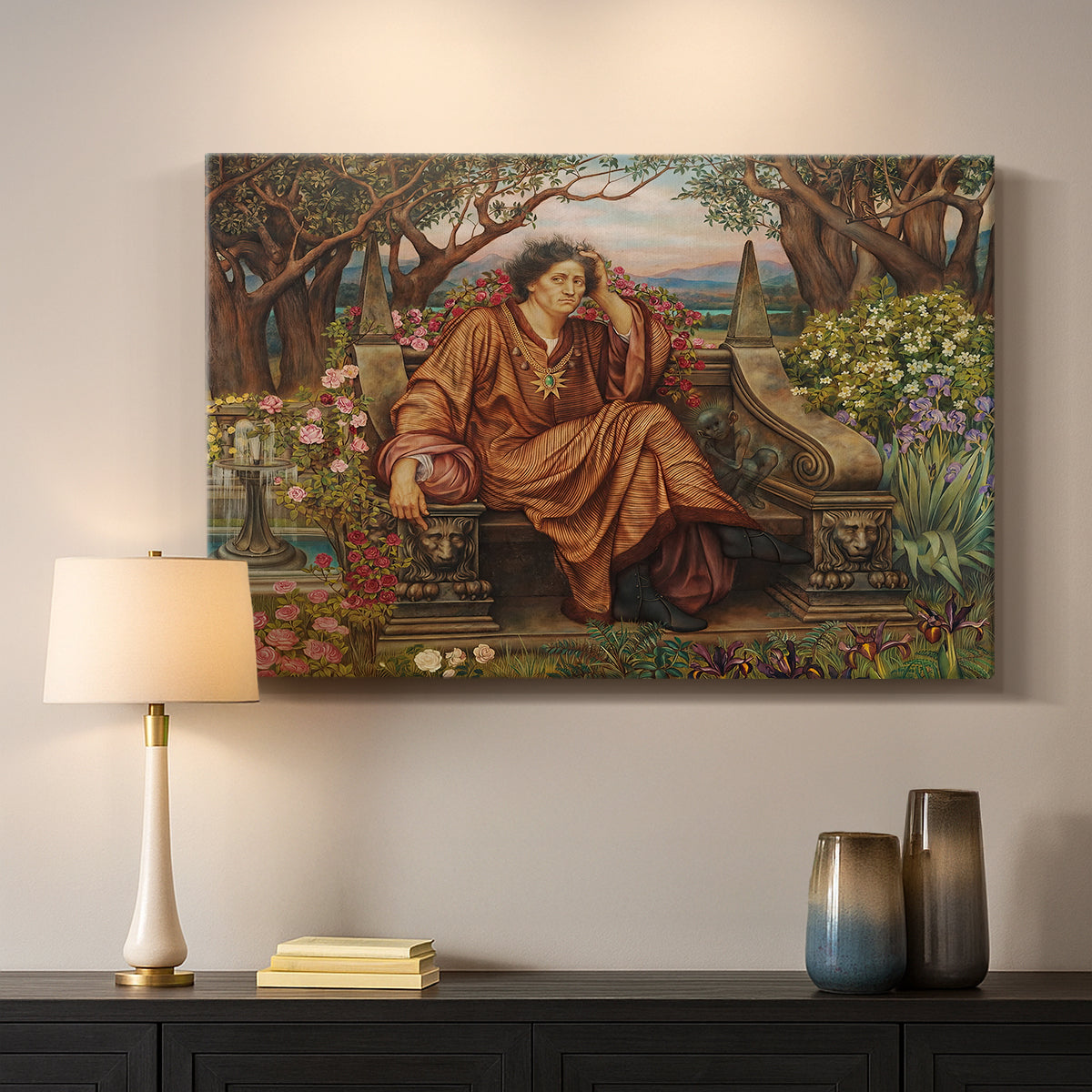 Canvas art print detailing an emotional scene representing torment and spiritual struggle, mounted in a softly lit interior space