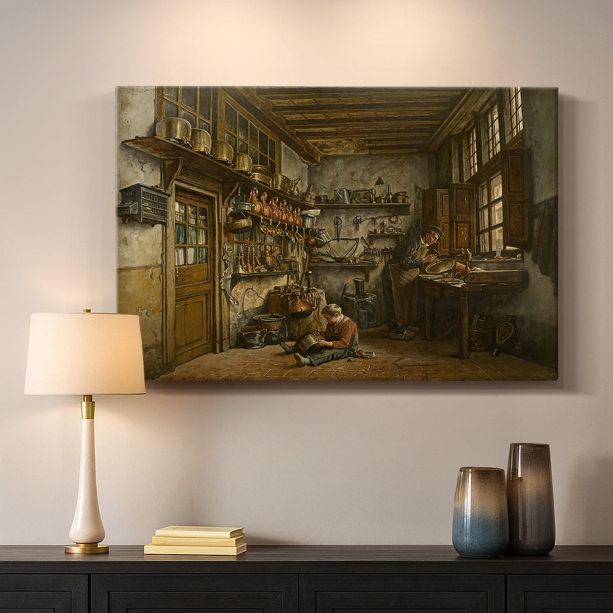 Canvas art print detailing a detailed depiction of artisan in traditional workspace, mounted in a softly lit interior space