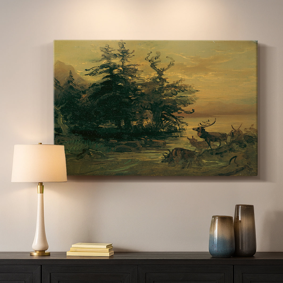 Canvas art print detailing a natural habitat depiction, mounted in a softly lit interior space