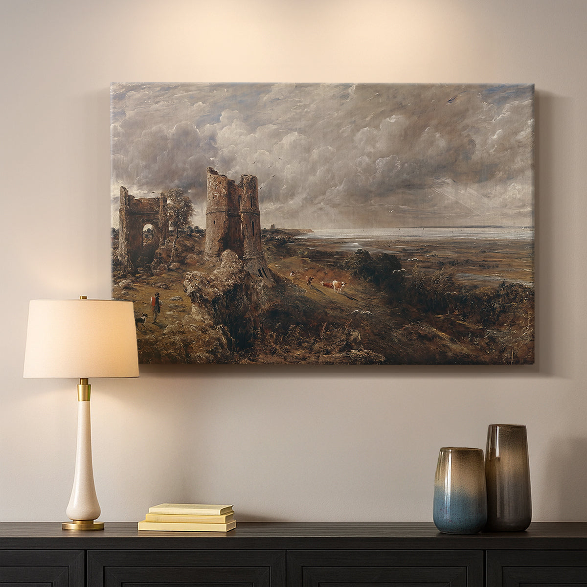 Canvas art print detailing a scenic view combining ruins and water, mounted in a softly lit interior space