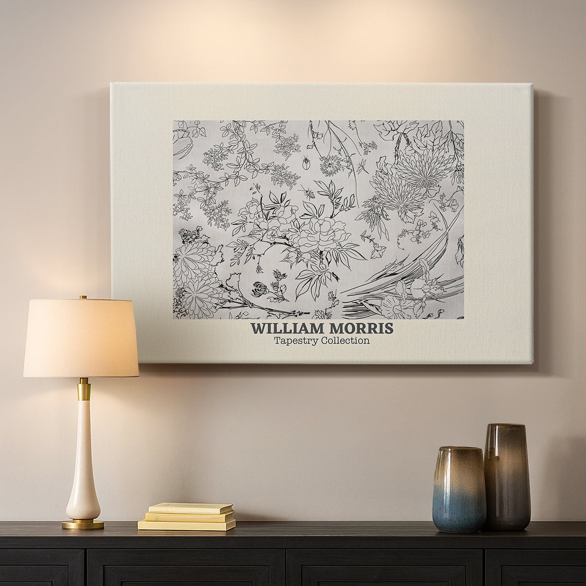 Canvas art print detailing a textile-style floral composition with repeating motifs, mounted in a softly lit interior space