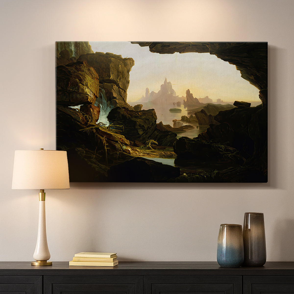 Canvas art print detailing an expressive composition showing aftermath of flood, mounted in a softly lit interior space