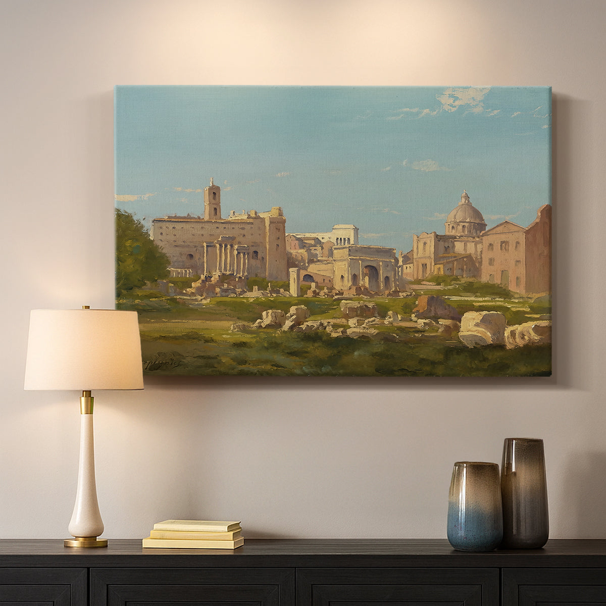 Canvas art print detailing a detailed depiction of Roman architecture in outdoor setting, mounted in a softly lit interior space