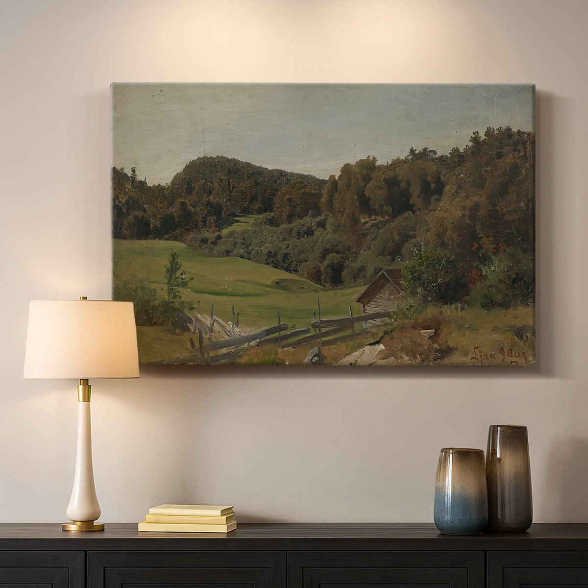 Canvas art print detailing a natural setting with vegetation and soft atmospheric light, mounted in a softly lit interior space