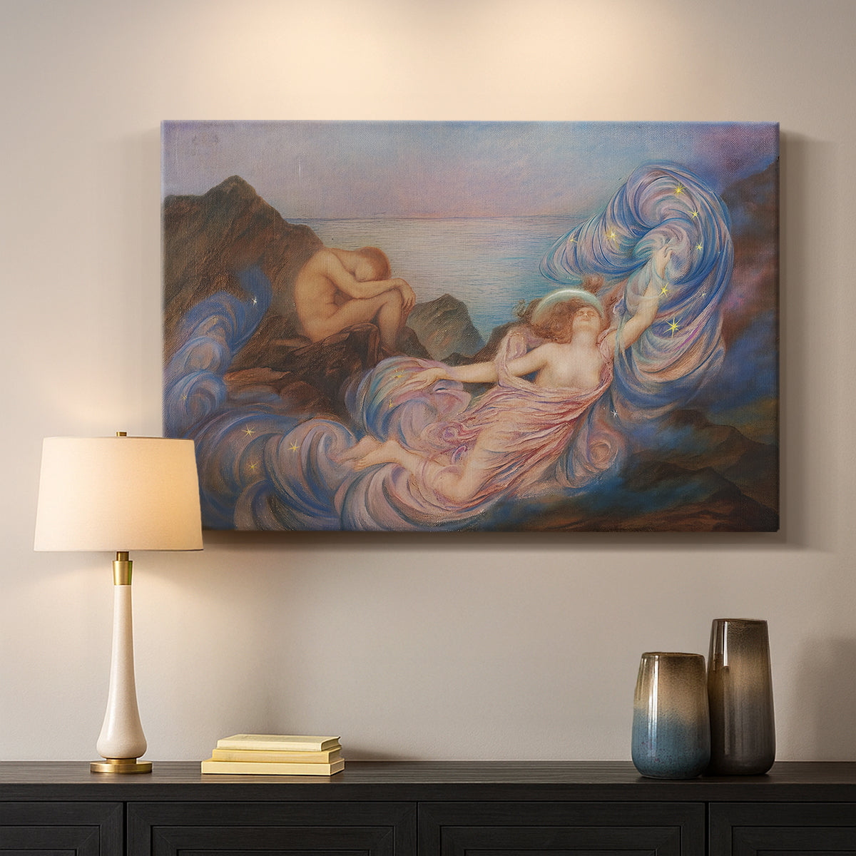 Canvas art print detailing a symbolic scene of figure surrounded by evening tones, mounted in a softly lit interior space