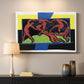 Canvas art print detailing a stylized depiction of human figures dancing in unity, mounted in a softly lit interior space