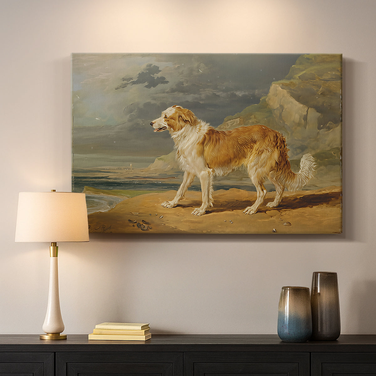 Canvas art print detailing an animal study of dog in natural setting, mounted in a softly lit interior space