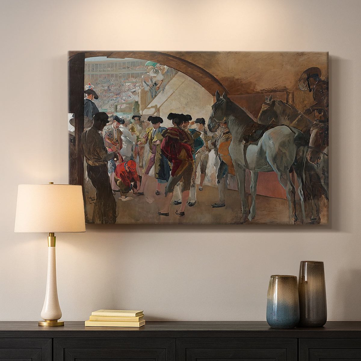 Canvas art print detailing a narrative moment showing preparation and anticipation, mounted in a softly lit interior space
