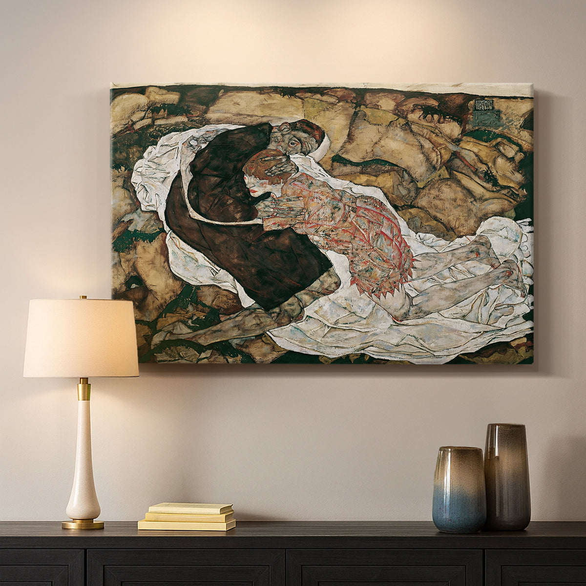 Canvas art print detailing an intense composition exploring life and death through figures, mounted in a softly lit interior space