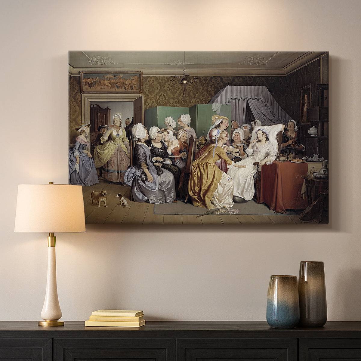 Canvas art print detailing a domestic gathering with figures arranged around bed, mounted in a softly lit interior space