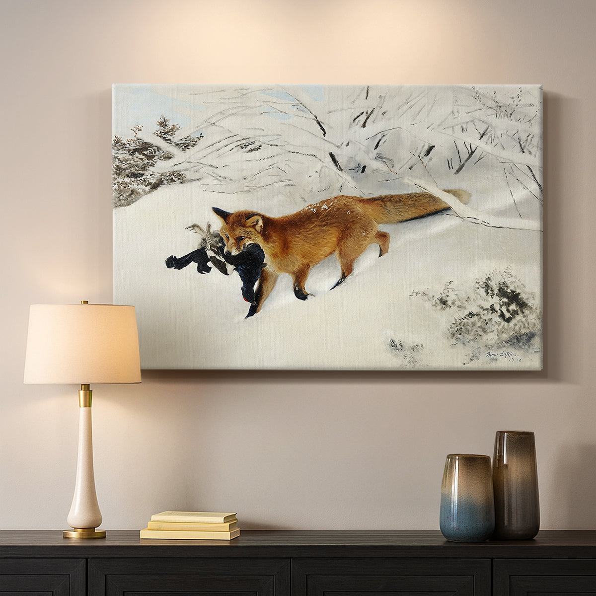 Canvas art print detailing a dynamic depiction of animal in cold snowy environment, mounted in a softly lit interior space