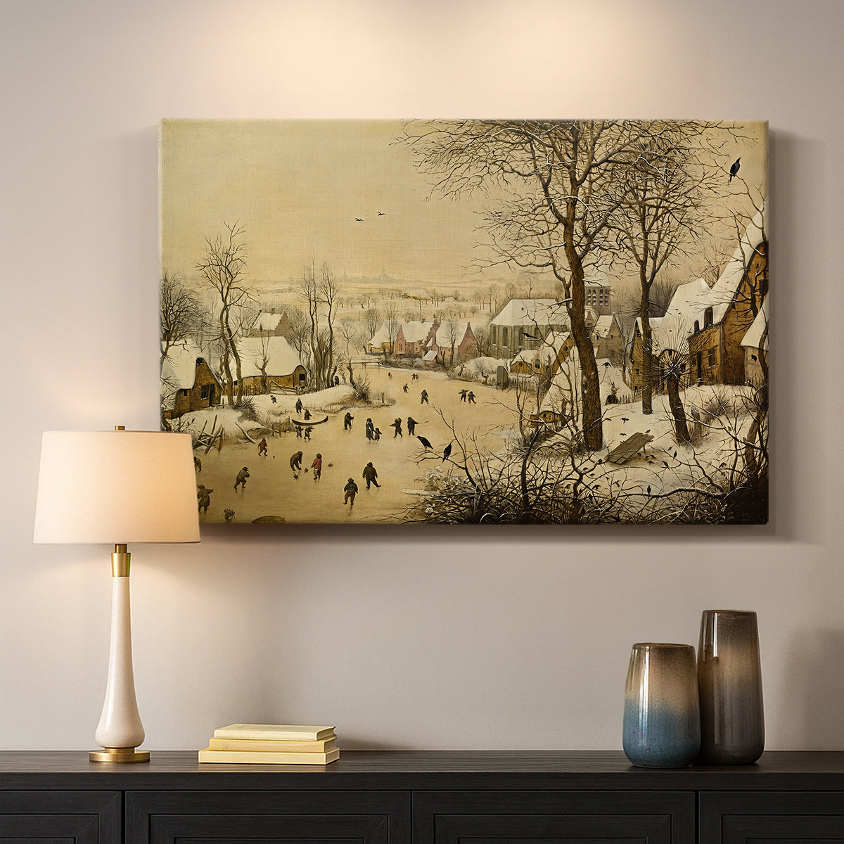 Canvas art print detailing a traditional winter activity scene, mounted in a softly lit interior space