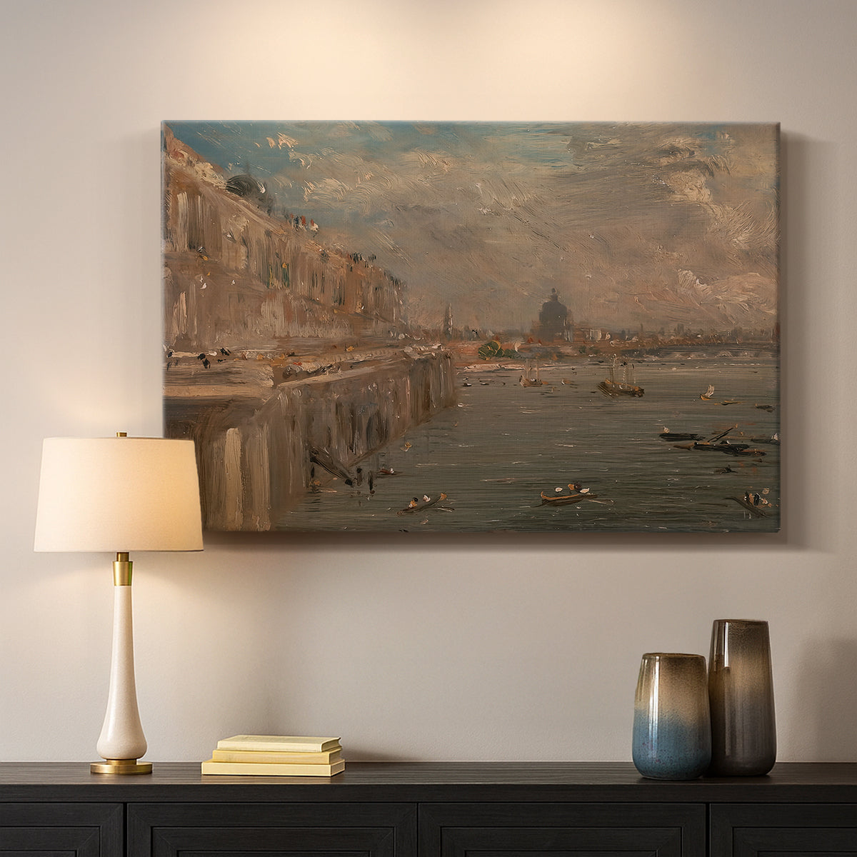 Canvas art print detailing a composition featuring bridge and buildings, mounted in a softly lit interior space