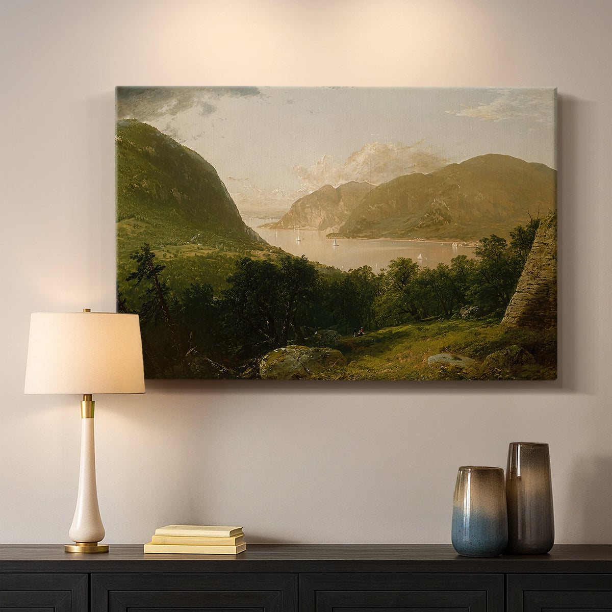 Canvas art print detailing an atmospheric scene emphasizing light and stillness, mounted in a softly lit interior space