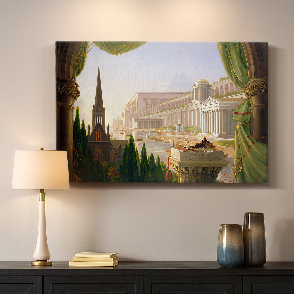 Canvas art print detailing a romantic architectural landscape with layered design, mounted in a softly lit interior space