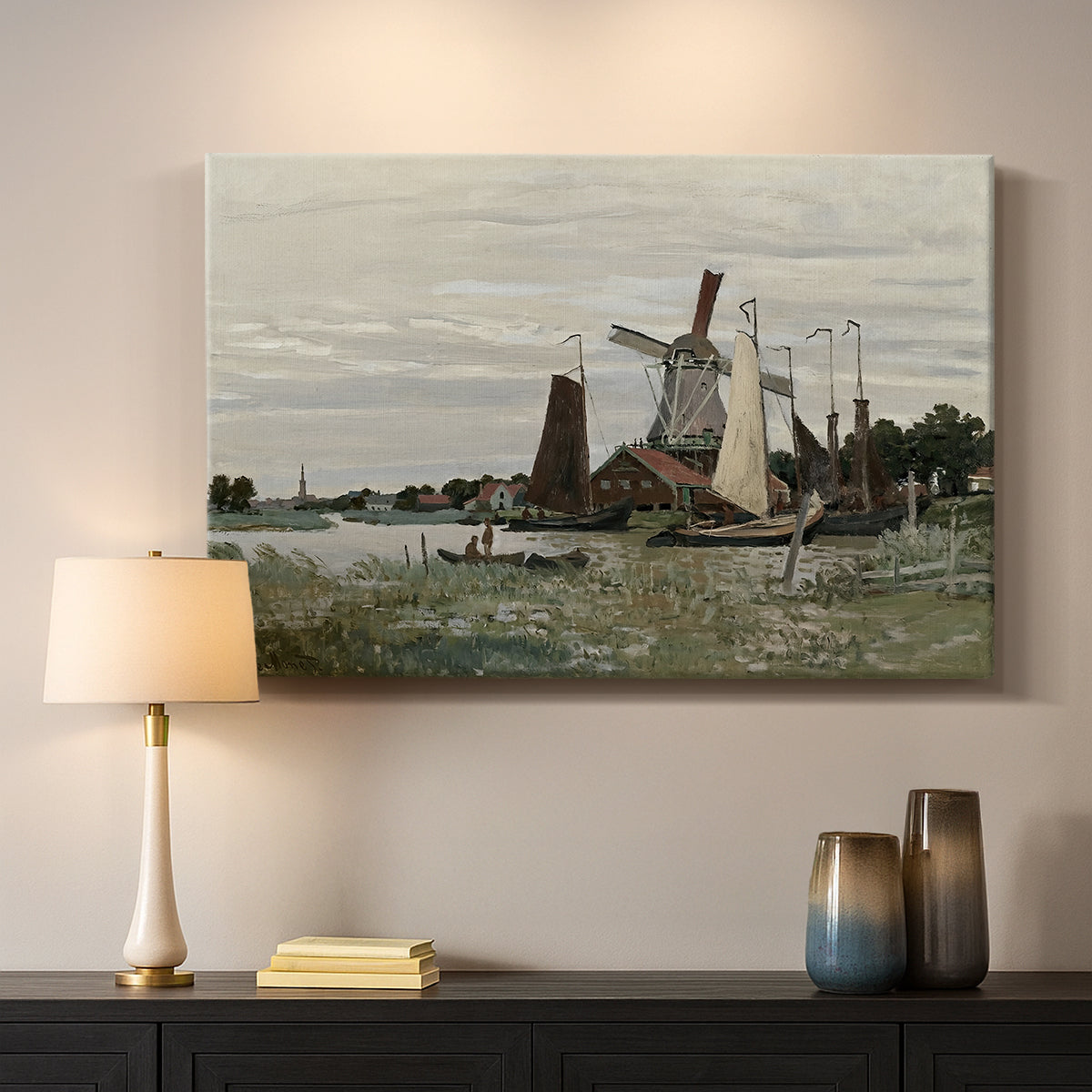 Canvas art print detailing a countryside structure standing against open sky, mounted in a softly lit interior space