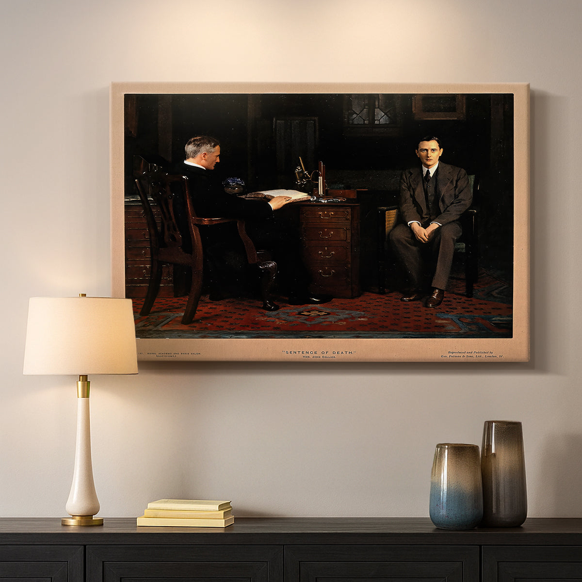 Canvas art print detailing a Victorian scene with dramatic grouping, mounted in a softly lit interior space