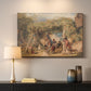 Canvas art print detailing a stylized vineyard setting with figures and livestock, mounted in a softly lit interior space