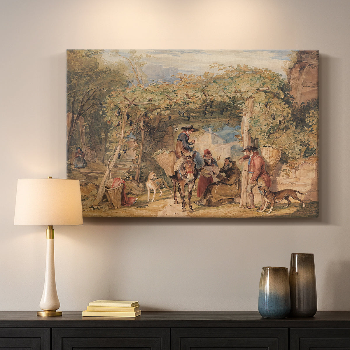 Canvas art print detailing a stylized vineyard setting with figures and livestock, mounted in a softly lit interior space