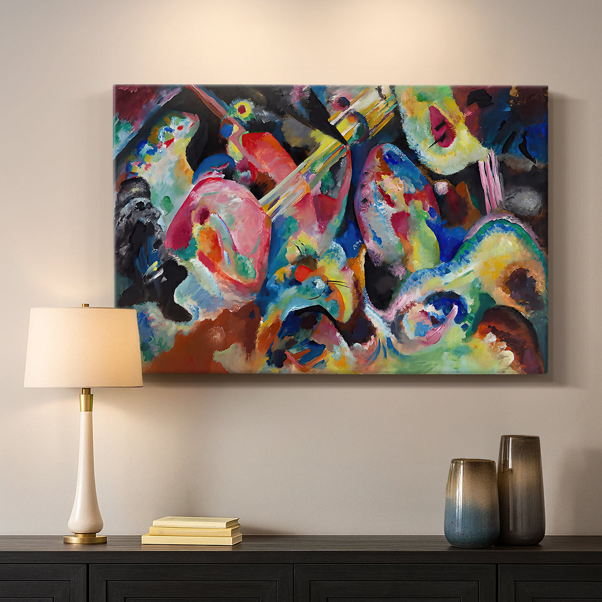 Canvas art print detailing an abstract arrangement with strong movement and color interaction, mounted in a softly lit interior space