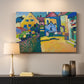 Canvas art print detailing a countryside street view with houses and greenery in vibrant tones, mounted in a softly lit interior space