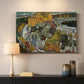 Canvas art print detailing an architectural scene with houses arranged in curved composition, mounted in a softly lit interior space