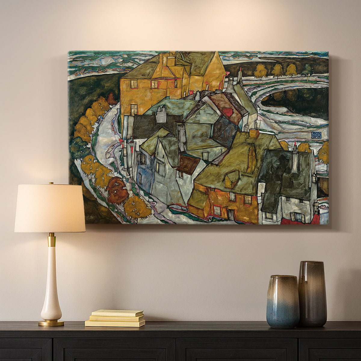 Canvas art print detailing an architectural scene with houses arranged in curved composition, mounted in a softly lit interior space