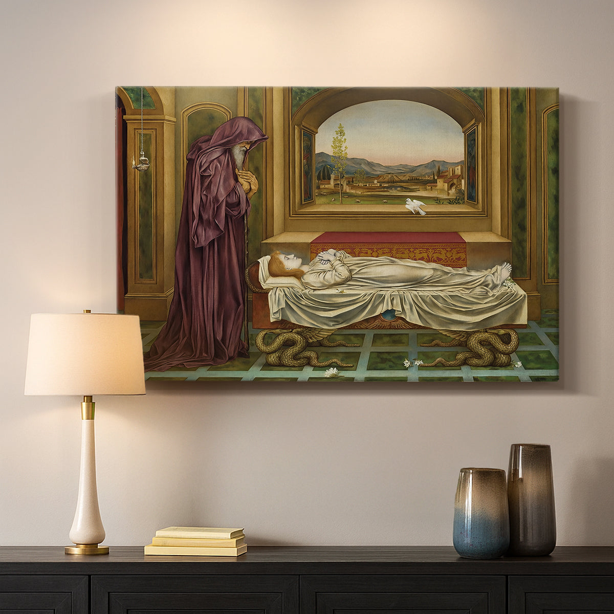 Canvas art print detailing a narrative composition with figure paused in reflective moment, mounted in a softly lit interior space