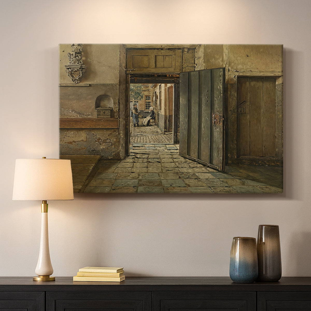 Canvas art print detailing an interior setting with figures positioned near doorway, mounted in a softly lit interior space