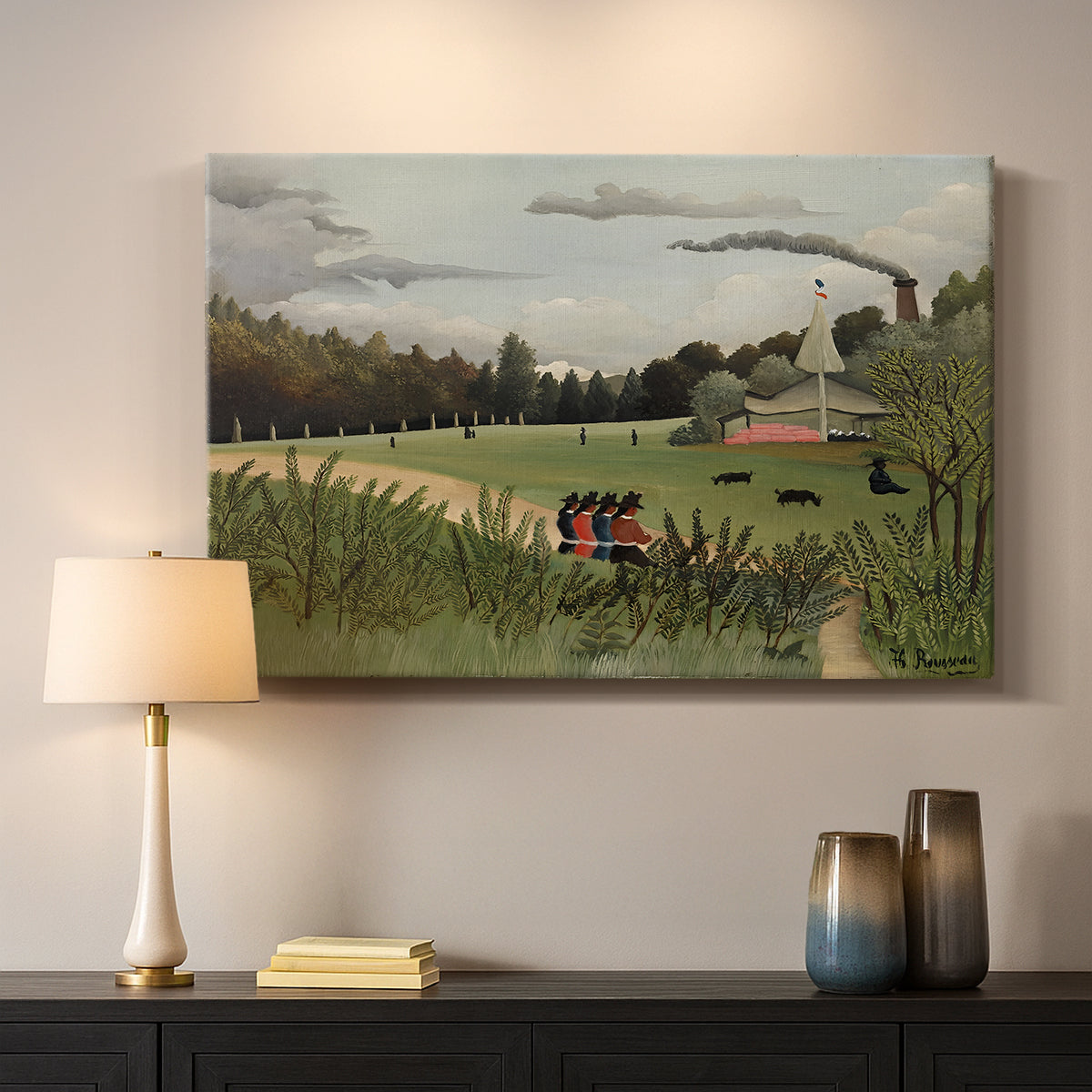 Canvas art print detailing an urban work environment with figures and factory, mounted in a softly lit interior space