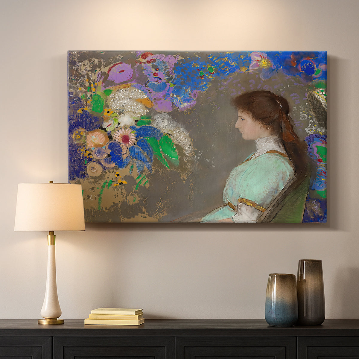 Canvas art print detailing a stylized portrait blending figure and abstraction, mounted in a softly lit interior space