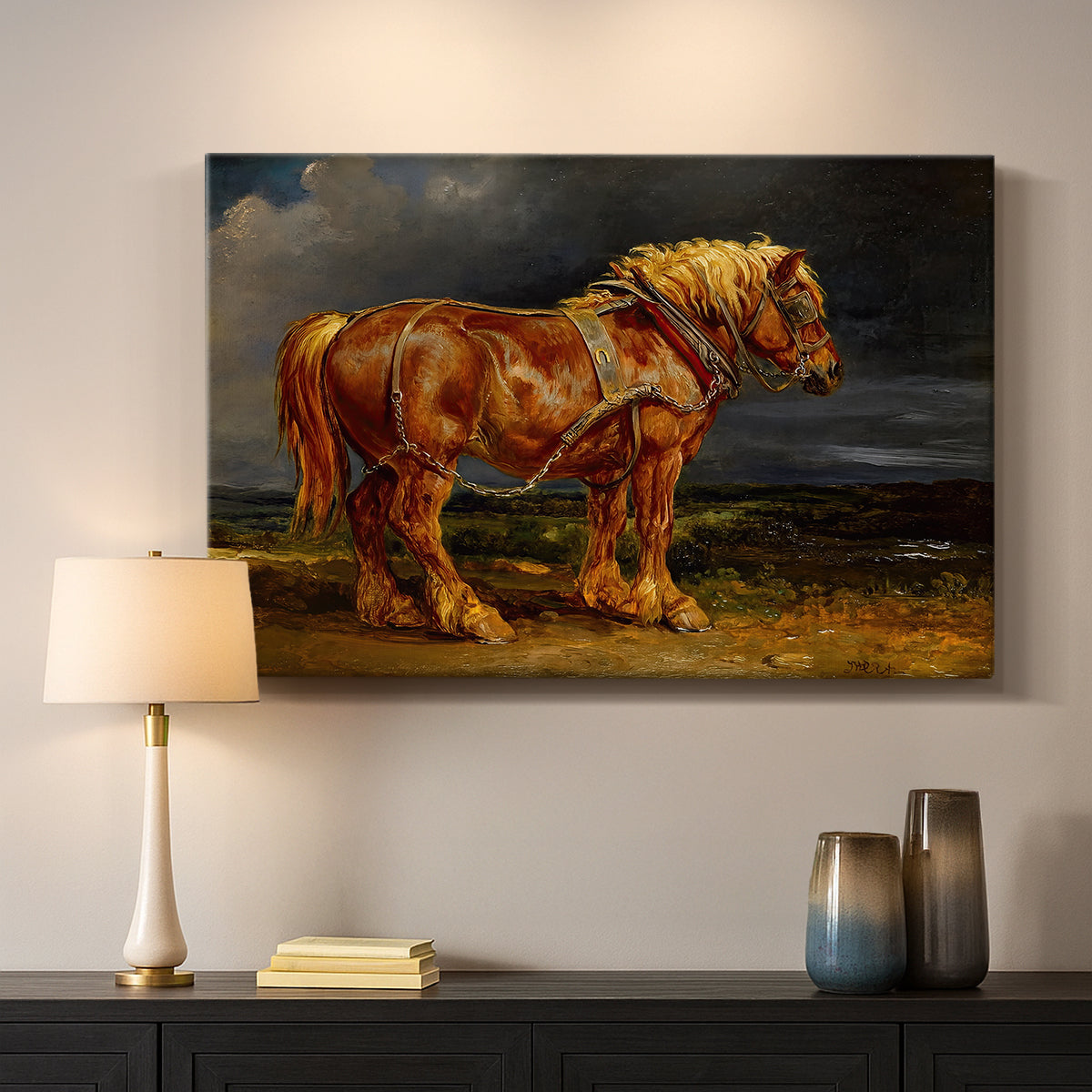 Canvas art print detailing an animal study of horse in broad rural setting, mounted in a softly lit interior space