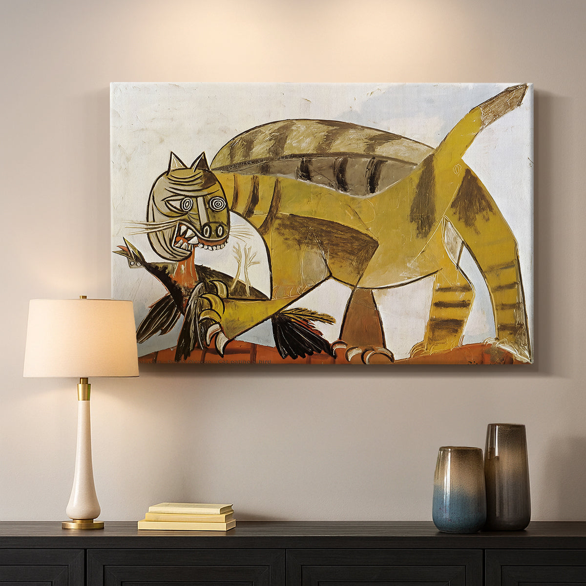 Canvas art print detailing a cubist depiction of animal capturing bird, mounted in a softly lit interior space