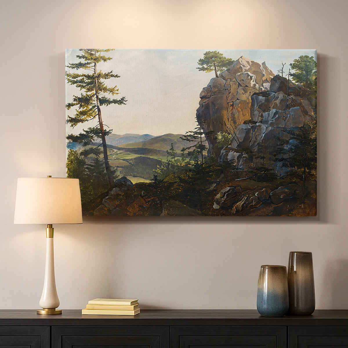 Canvas art print detailing a realistic countryside with geology, mounted in a softly lit interior space