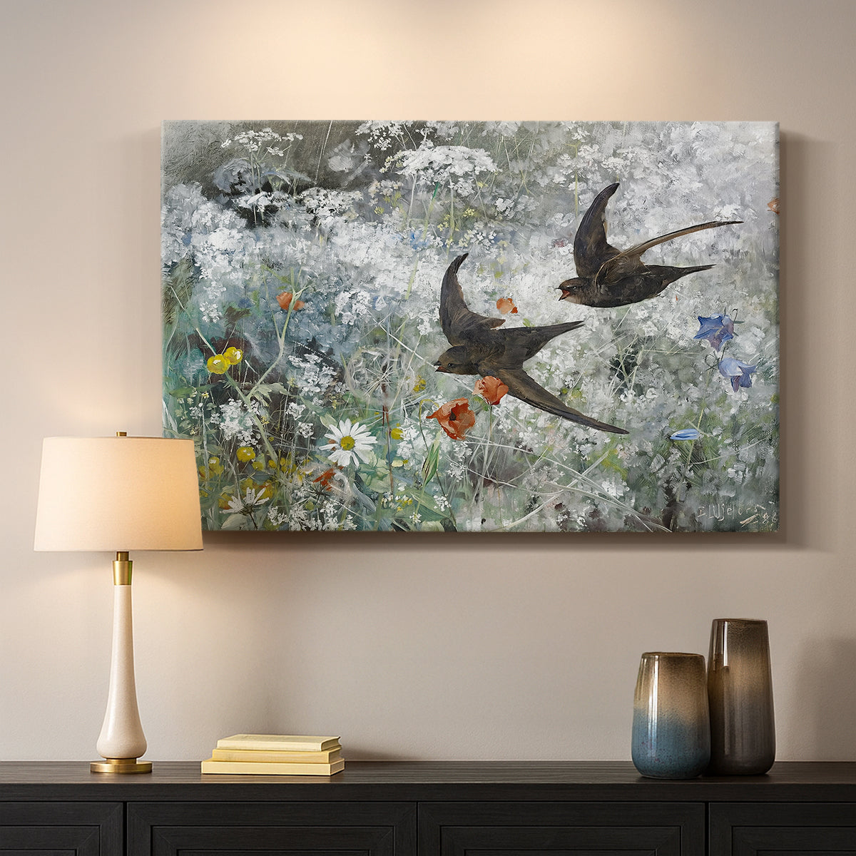 Canvas art print detailing an impressionist wildlife scene capturing birds in motion, mounted in a softly lit interior space