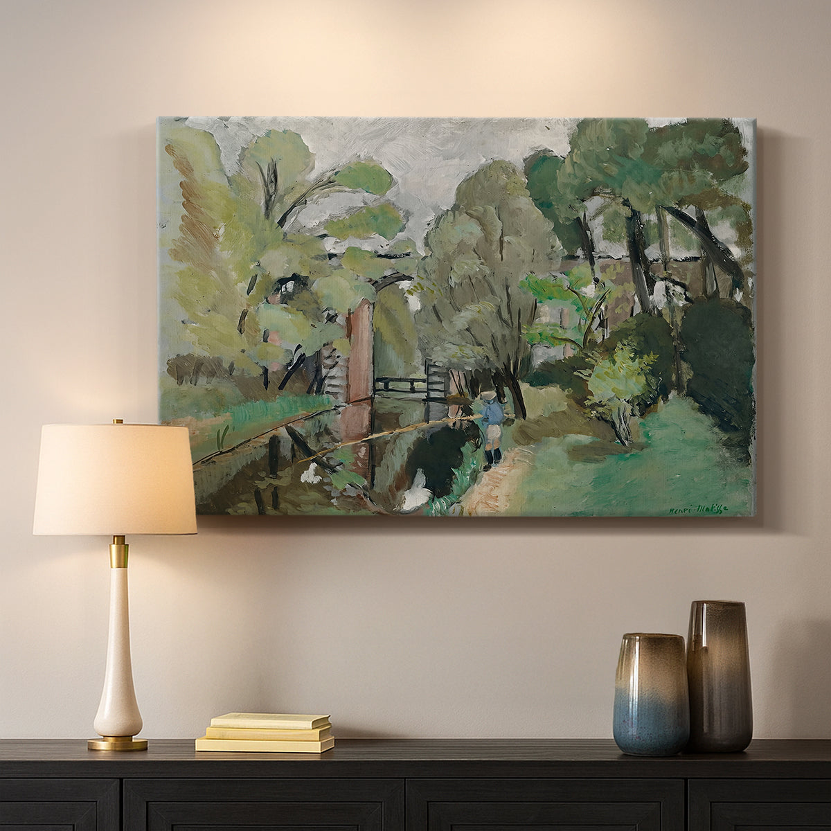 Canvas art print detailing a rustic outdoor view with greenery, mounted in a softly lit interior space