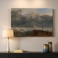 Canvas art print detailing a seaside composition with harbor, mounted in a softly lit interior space