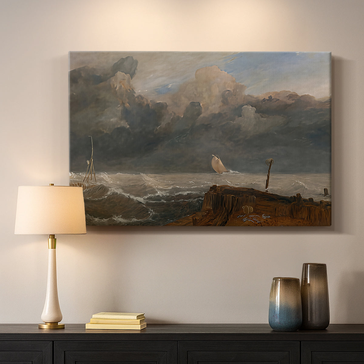 Canvas art print detailing a seaside composition with harbor, mounted in a softly lit interior space