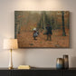 Canvas art print detailing a countryside depiction of parent and children in woodland, mounted in a softly lit interior space