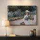 Canvas art print detailing a tranquil outdoor portrait of girl in floral setting, mounted in a softly lit interior space