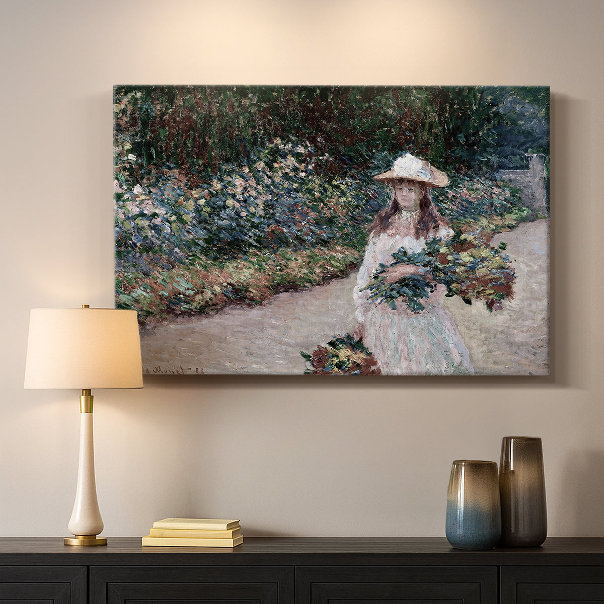 Canvas art print detailing a tranquil outdoor portrait of girl in floral setting, mounted in a softly lit interior space