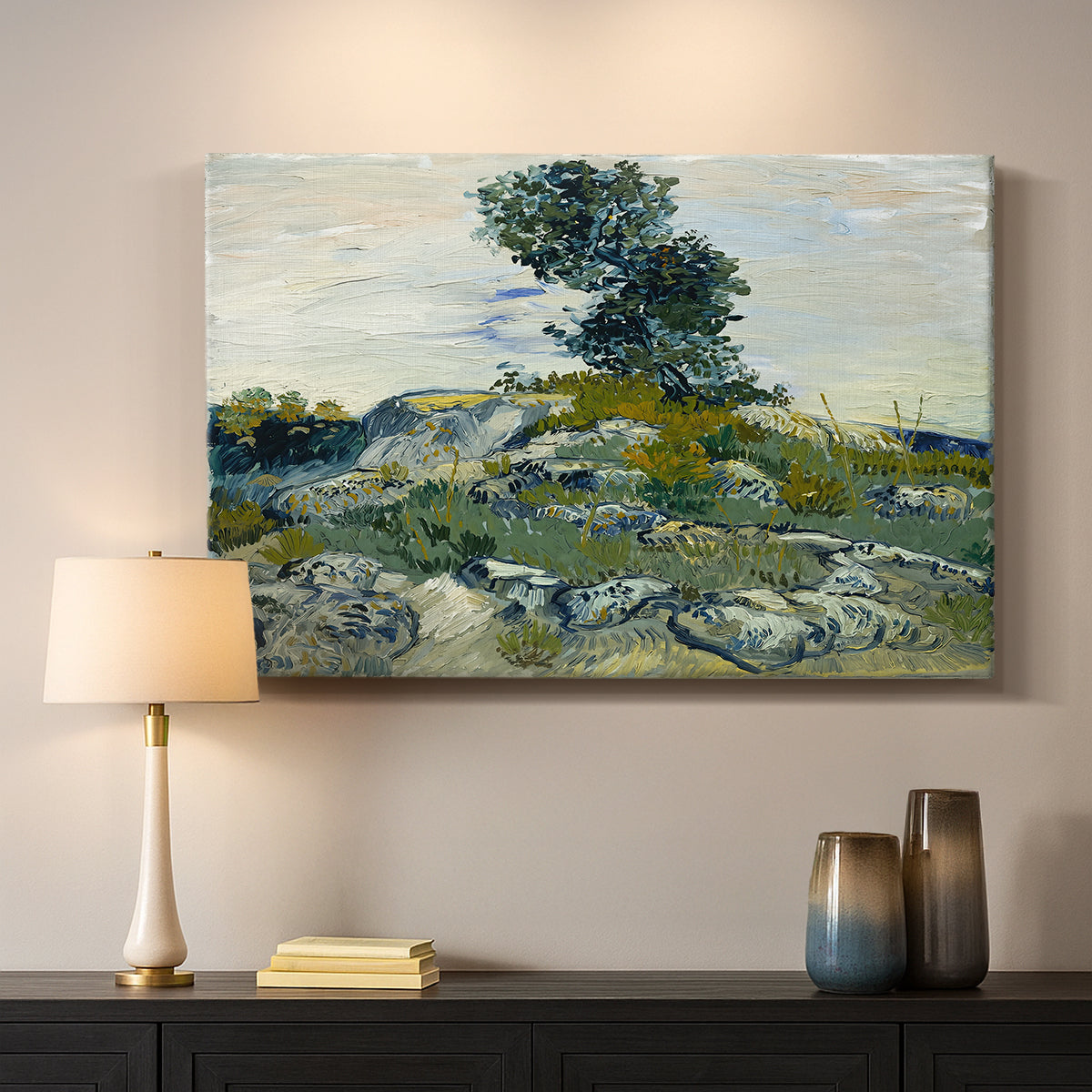 Canvas art print detailing a stylized composition emphasizing structure of rocks, mounted in a softly lit interior space