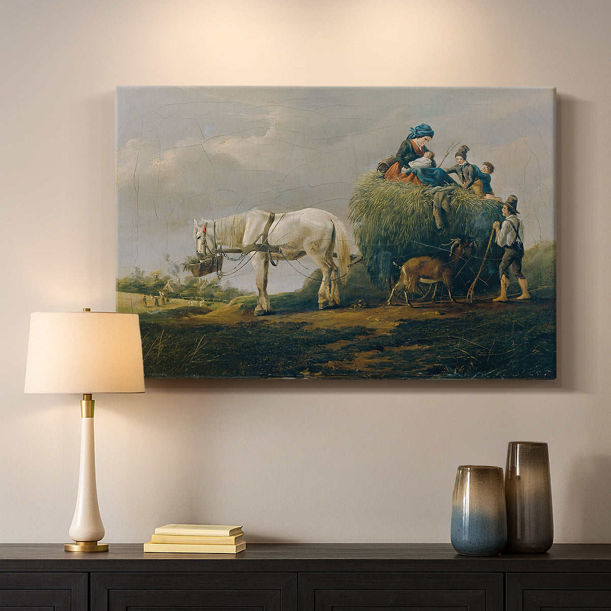 Canvas art print detailing an agricultural composition, mounted in a softly lit interior space