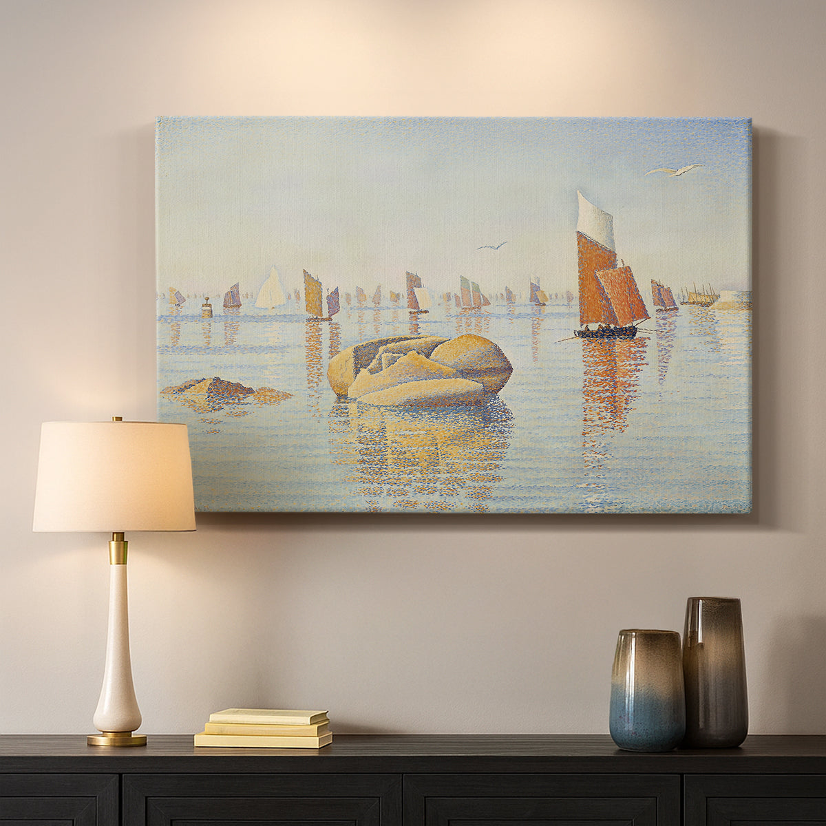 Canvas art print detailing a maritime still composition, mounted in a softly lit interior space