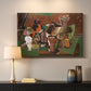 Canvas art print detailing an expressive collage of objects, mounted in a softly lit interior space