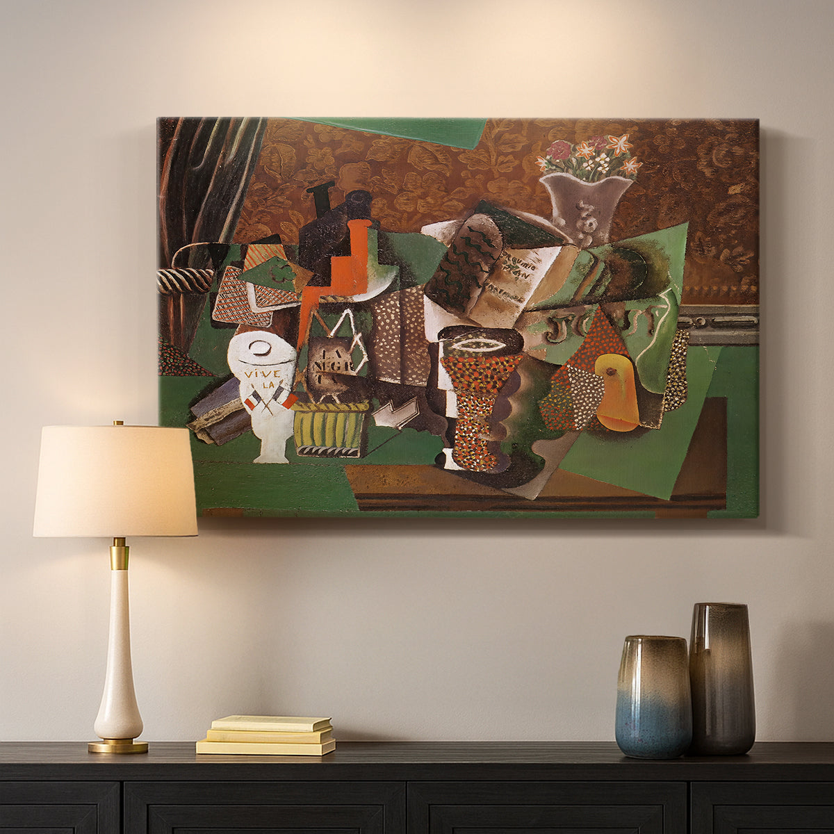 Canvas art print detailing an expressive collage of objects, mounted in a softly lit interior space