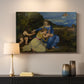 Canvas art print detailing a sacred image of Madonna and child against serene landscape backdrop, mounted in a softly lit interior space