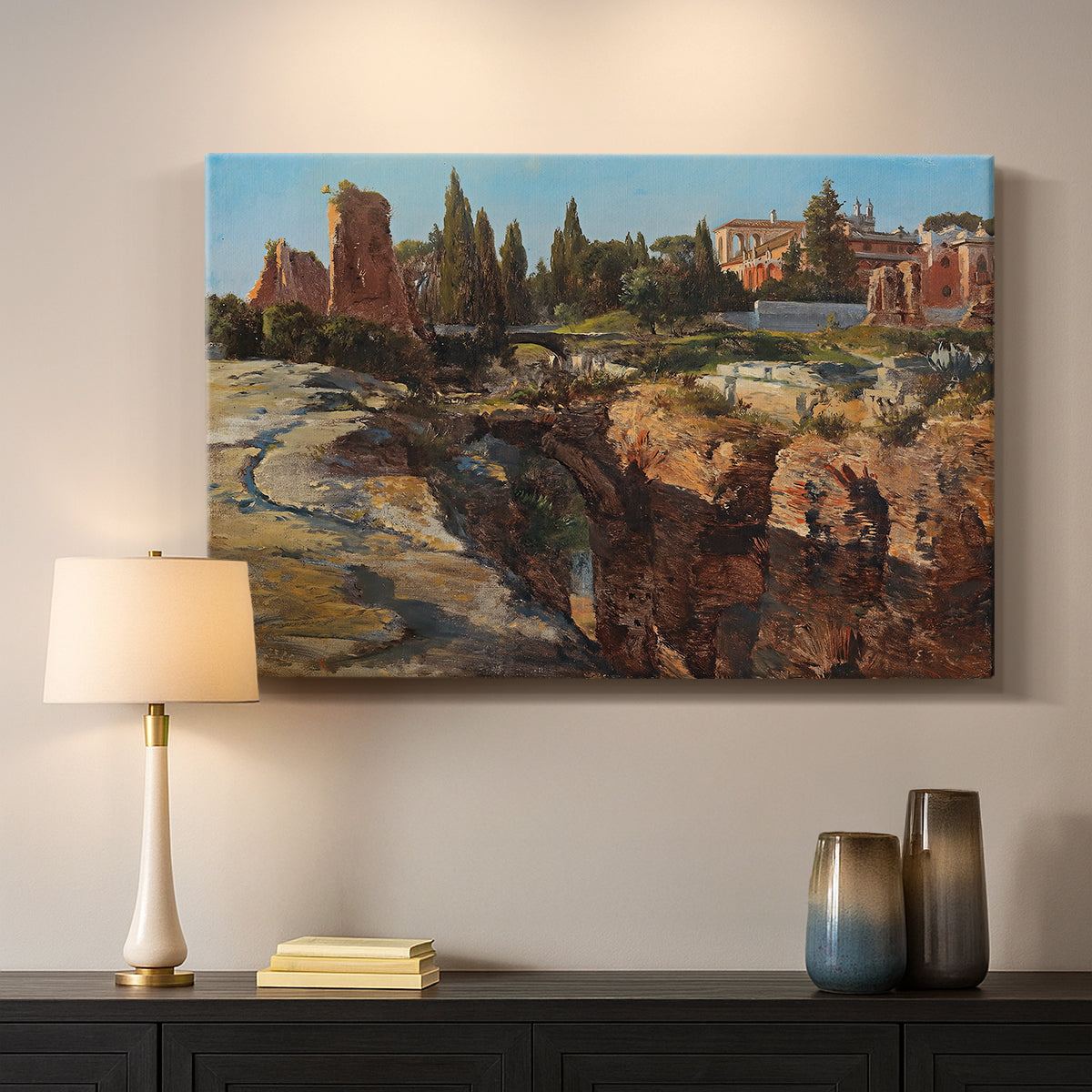 Canvas art print detailing a detailed depiction of historic Roman architecture, mounted in a softly lit interior space